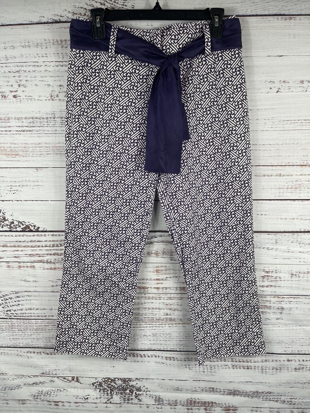 Talbots Pants Womens 4 Purple White Print Cropped Tie Waist Stretch Cotton Capri